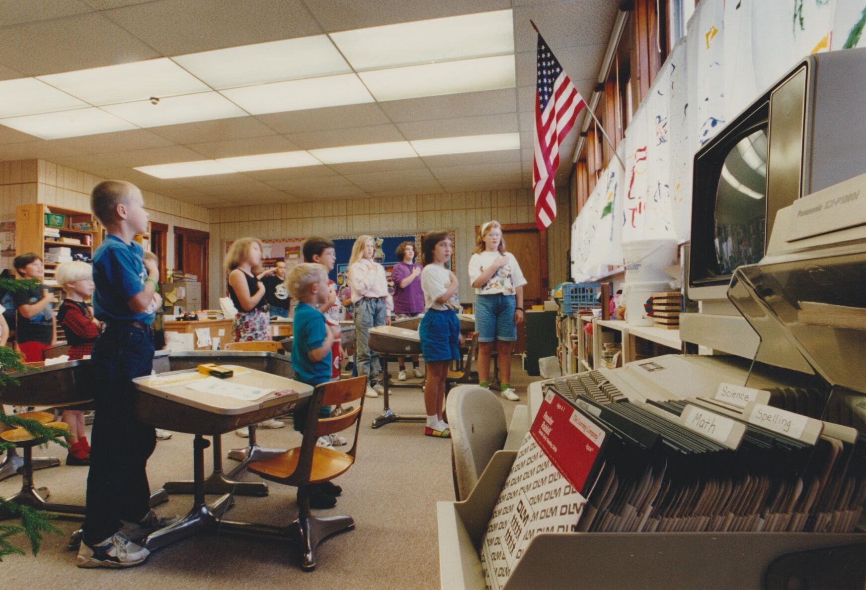 Haines Branch School students and flag